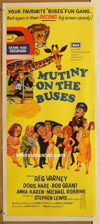 p690 MUTINY ON THE BUSES Australian daybill movie poster '72 English!