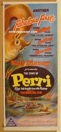 p762 PERRI Australian daybill movie poster '57 Walt Disney squirrel!