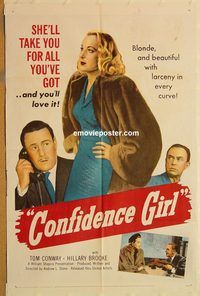t172 CONFIDENCE GIRL one-sheet movie poster '52 Tom Conway, Brooke