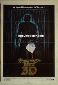 t296 FRIDAY THE 13th 3 - 3D one-sheet movie poster '82 Tracie Savage, 3-D!