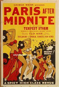 t464 PARIS AFTER MIDNIGHT one-sheet movie poster '51 Tempest Storm