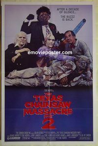t589 TEXAS CHAINSAW MASSACRE 2 family style 1sh '86 Tobe Hooper horror sequel, cast portrait!
