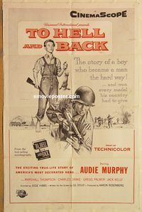 t599 TO HELL & BACK military one-sheet movie poster R60s Audie Murphy, WWII!