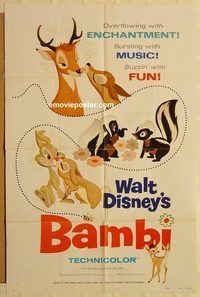 v108 BAMBI one-sheet movie poster R75 Walt Disney cartoon classic!