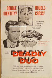 v366 DEADLY DUO one-sheet movie poster '62 Reginald Le Borg, double-cross!