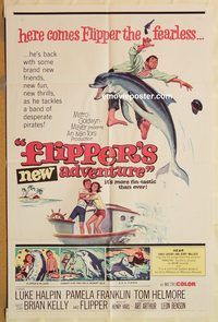 v464 FLIPPER'S NEW ADVENTURE one-sheet movie poster '64 classic dolphin!