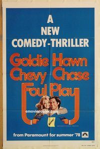 v477 FOUL PLAY advance teaser one-sheet movie poster '78 Goldie Hawn, Chase