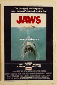 v679 JAWS one-sheet movie poster '75 Steven Spielberg, Scheider, sharks!