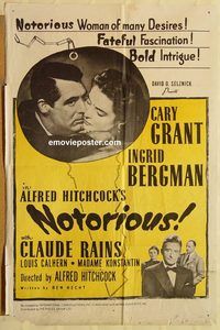 v801 NOTORIOUS one-sheet movie poster R54 Cary Grant, Ingrid Bergman