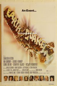 y334 EARTHQUAKE one-sheet movie poster '74 Charlton Heston, Ava Gardner