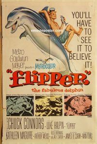 y405 FLIPPER one-sheet movie poster '63 Connors, Luke Halpin, dolphin!