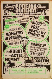 y450 GIANT SCREAM SHOW one-sheet movie poster 1967 horror movies!