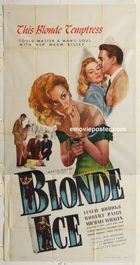 b592 BLONDE ICE three-sheet movie poster '48 bad girl Leslie Brooks!