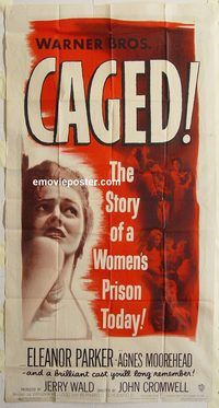 b603 CAGED three-sheet movie poster '50 bad Eleanor Parker in prison!