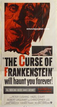 b629 CURSE OF FRANKENSTEIN three-sheet movie poster '57 Peter Cushing