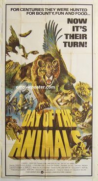 b636 DAY OF THE ANIMALS three-sheet movie poster '77 wildlife revenge!