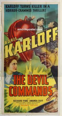 b644 DEVIL COMMANDS three-sheet movie poster '41 Boris Karloff horror!