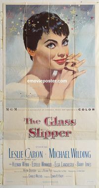 b698 GLASS SLIPPER three-sheet movie poster '55 Leslie Caron portrait!