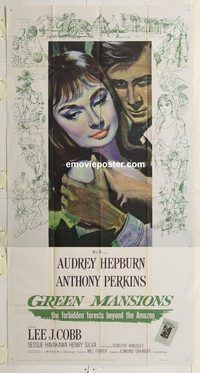 b704 GREEN MANSIONS three-sheet movie poster '59 Audrey Hepburn, Perkins