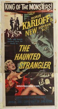 b708 HAUNTED STRANGLER three-sheet movie poster '58 Boris Karloff, horror!