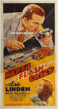 b713 HERE'S FLASH CASEY three-sheet movie poster '37 newspaper photographer!