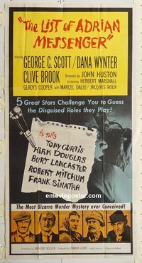 b768 LIST OF ADRIAN MESSENGER three-sheet movie poster '63 John Huston