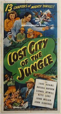 b775 LOST CITY OF THE JUNGLE three-sheet movie poster '46 Adams, Hayden