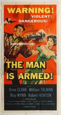 b795 MAN IS ARMED three-sheet movie poster '56 Dane Clark, Talman
