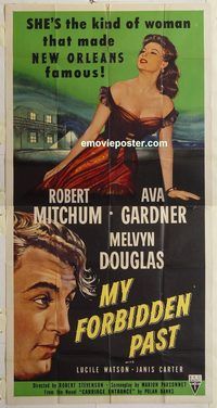 b824 MY FORBIDDEN PAST three-sheet movie poster '51 Robert Mitchum, Gardner