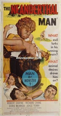 b828 NEANDERTHAL MAN three-sheet movie poster '53 half man, half beast!