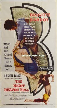 b832 NIGHT HEAVEN FELL three-sheet movie poster '58 Brigitte Bardot, Boyd