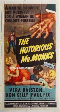 b835 NOTORIOUS MR MONKS three-sheet movie poster '58 Vera Ralston, Don Kelly