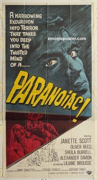 b850 PARANOIAC three-sheet movie poster '63 Oliver Reed, Hammer horror!