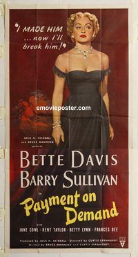 b856 PAYMENT ON DEMAND three-sheet movie poster '51 classic Bette Davis image