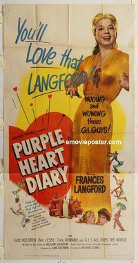 b873 PURPLE HEART DIARY three-sheet movie poster '51 Langford, Holdren