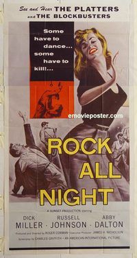 b895 ROCK ALL NIGHT three-sheet movie poster '57 rock 'n' roll classic!