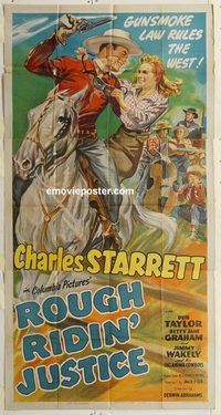 b898 ROUGH RIDIN' JUSTICE three-sheet movie poster '44 Charles Starrett
