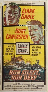 b900 RUN SILENT, RUN DEEP three-sheet movie poster '58 Clark Gable, Lancaster
