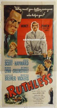 b901 RUTHLESS three-sheet movie poster '48 Edgar Ulmer Hayward, film noir!