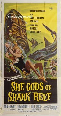 b915 SHE GODS OF SHARK REEF three-sheet movie poster '58 Roger Corman, AIP