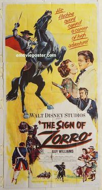 b919 SIGN OF ZORRO three-sheet movie poster '60 Walt Disney, Guy Williams