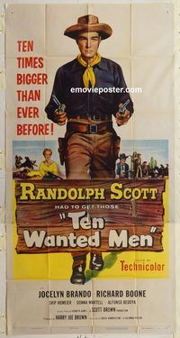 b976 TEN WANTED MEN three-sheet movie poster '54 Randolph Scott, J. Brando