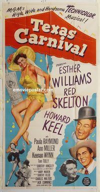 b980 TEXAS CARNIVAL three-sheet movie poster '51 Esther Williams, Red Skelton