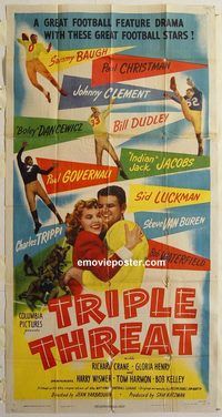 b991 TRIPLE THREAT three-sheet movie poster '48 Richard Crane, football!