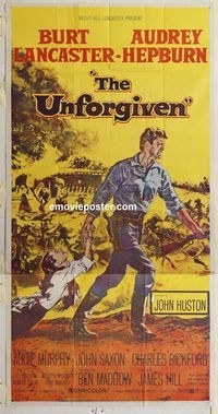 b998 UNFORGIVEN three-sheet movie poster '60 Burt Lancaster, Audrey Hepburn