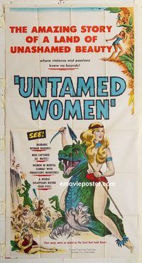 c002 UNTAMED WOMEN three-sheet movie poster '52 sexy cave babe & dinos!