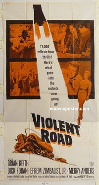 c012 VIOLENT ROAD three-sheet movie poster '58 17,000 mph thrills!