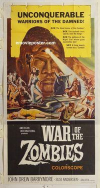 c016 WAR OF THE ZOMBIES three-sheet movie poster '65 AIP, John Barrymore