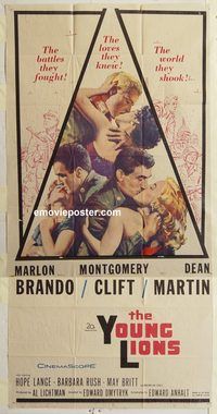 c044 YOUNG LIONS three-sheet movie poster '58 Marlon Brando, World War II!