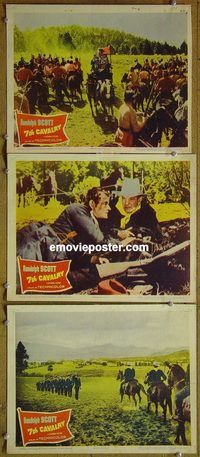 e260 7TH CAVALRY 3 vintage movie lobby cards '56 Randolph Scott, Barbara Hale